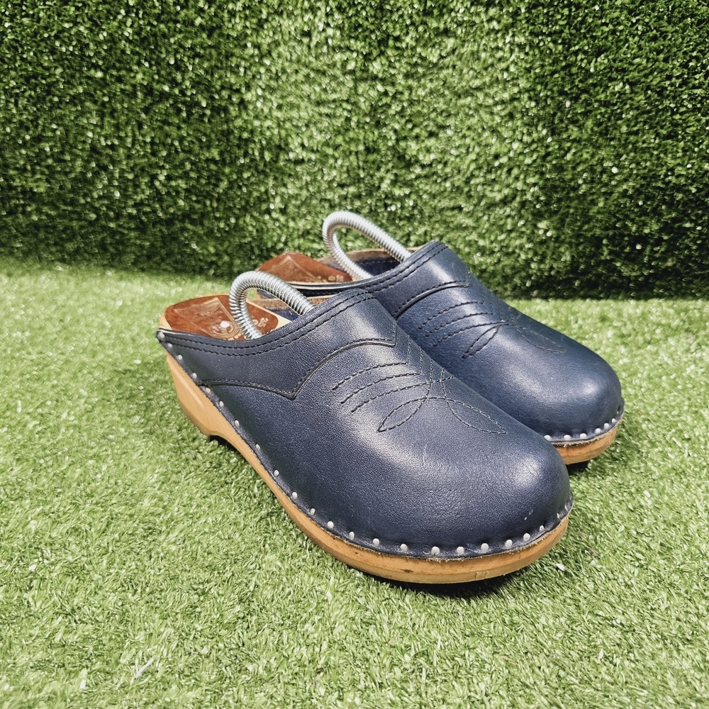 Bastad Original Blue Leather Swedish‎ Clogs Wood Mules Womens 35 US Size 5